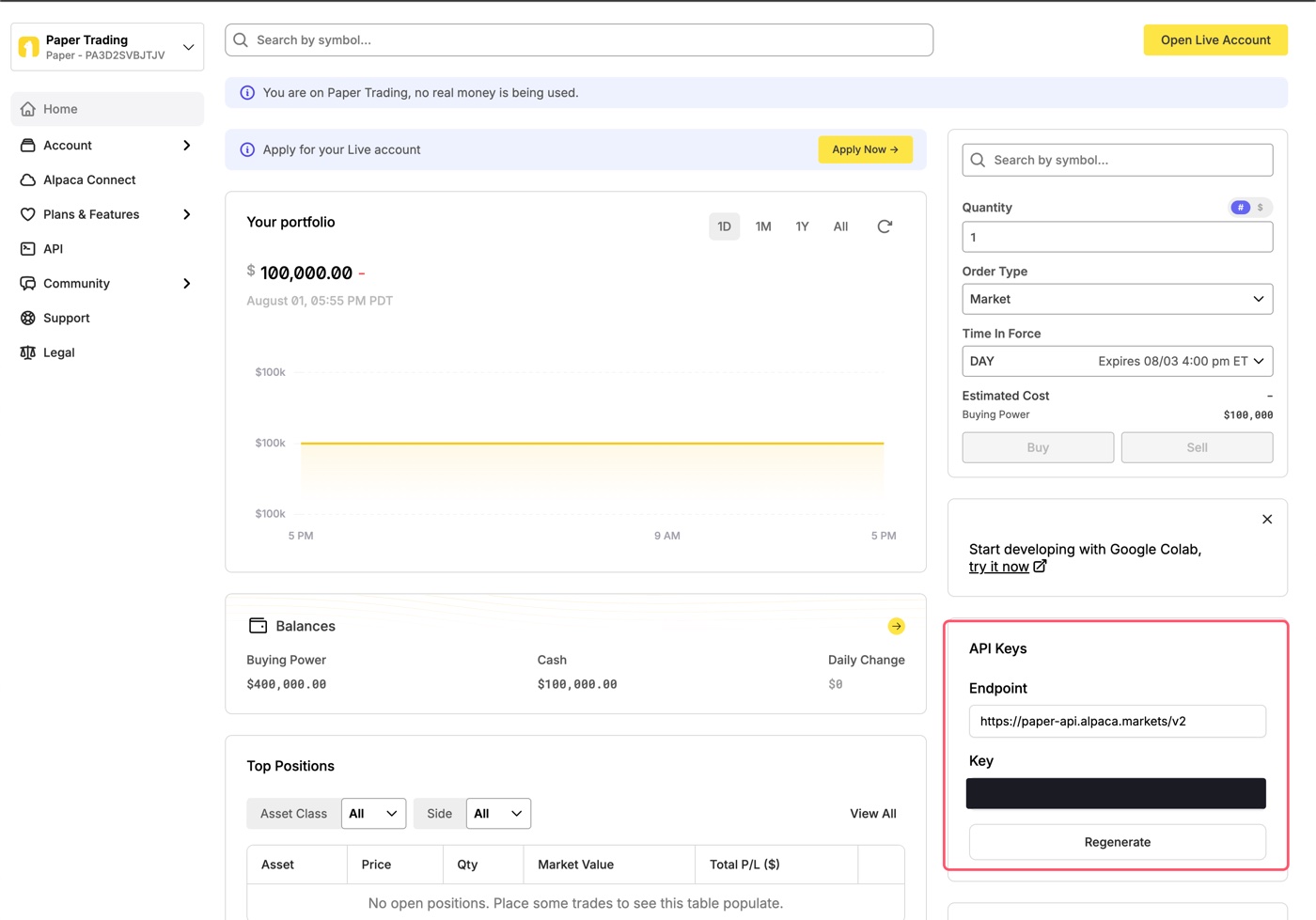 Alpaca dashboard with the API Keys panel highlighted