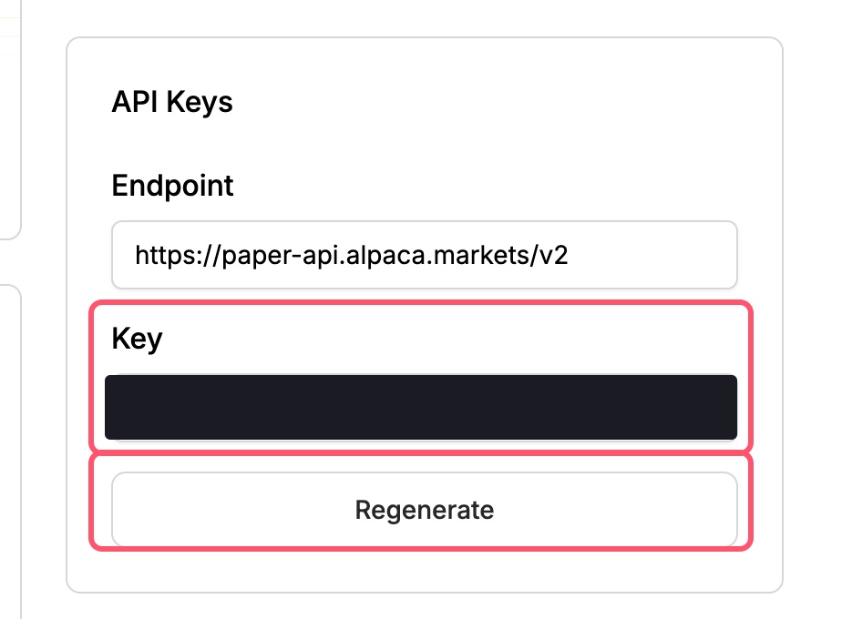 Alpaca API keys panel with the key and generate button highlighted