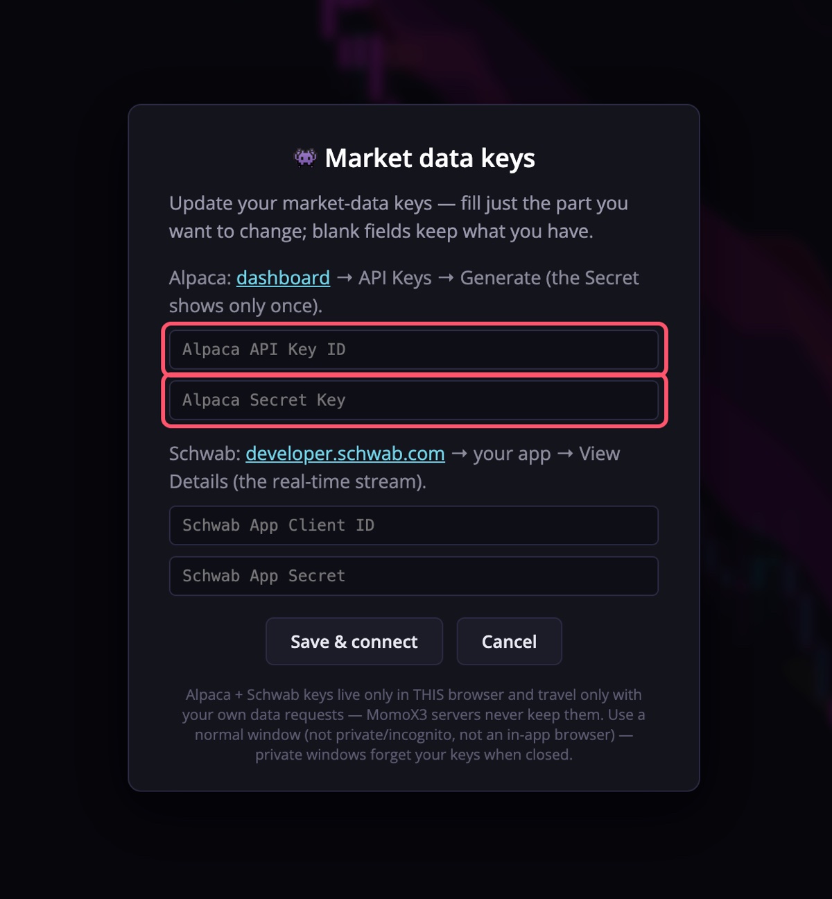 MomoX3 data keys dialog with the two Alpaca fields highlighted