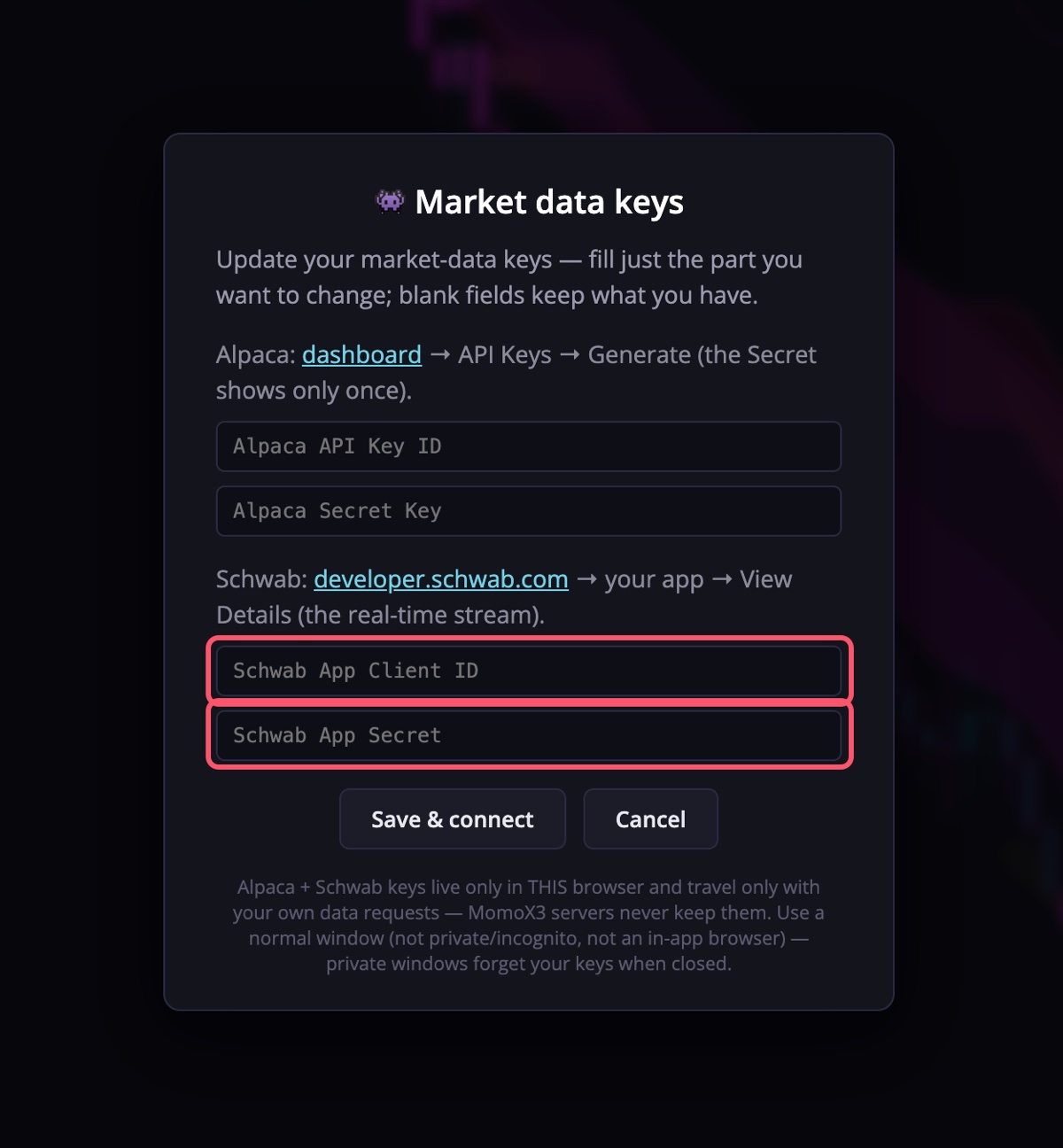 MomoX3 keys dialog, Schwab fields highlighted