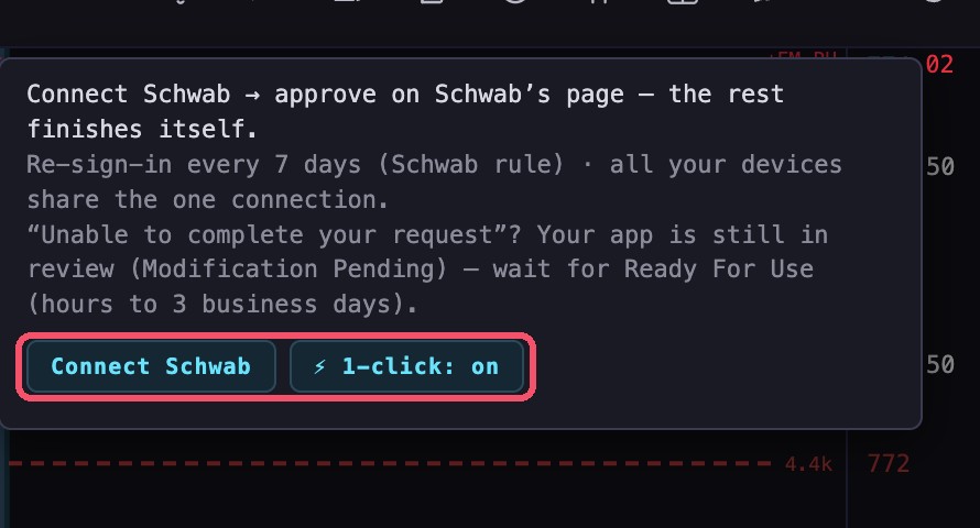 MomoX3 Connect Schwab banner after enabling — Connect Schwab and the ⚡ 1-click: on button