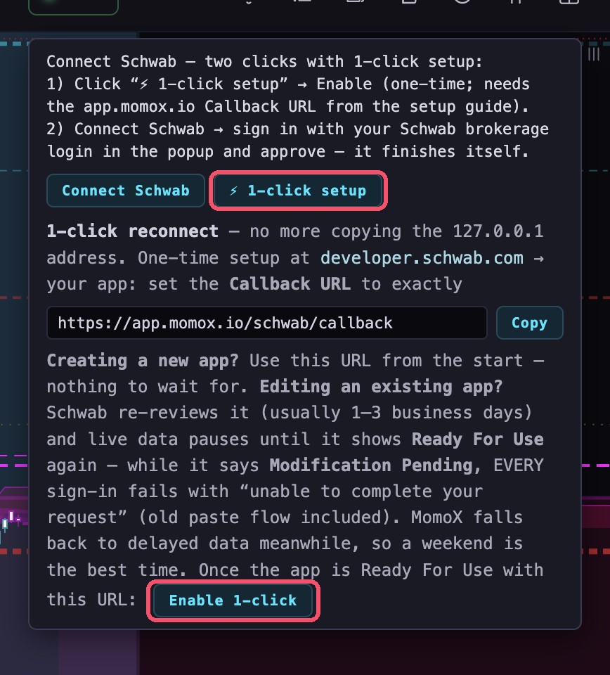 The ⚡ 1-click setup panel: the callback URL with a Copy button, and the Enable 1-click button — both outlined in red