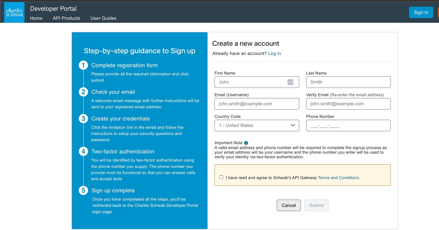 Schwab developer portal registration form