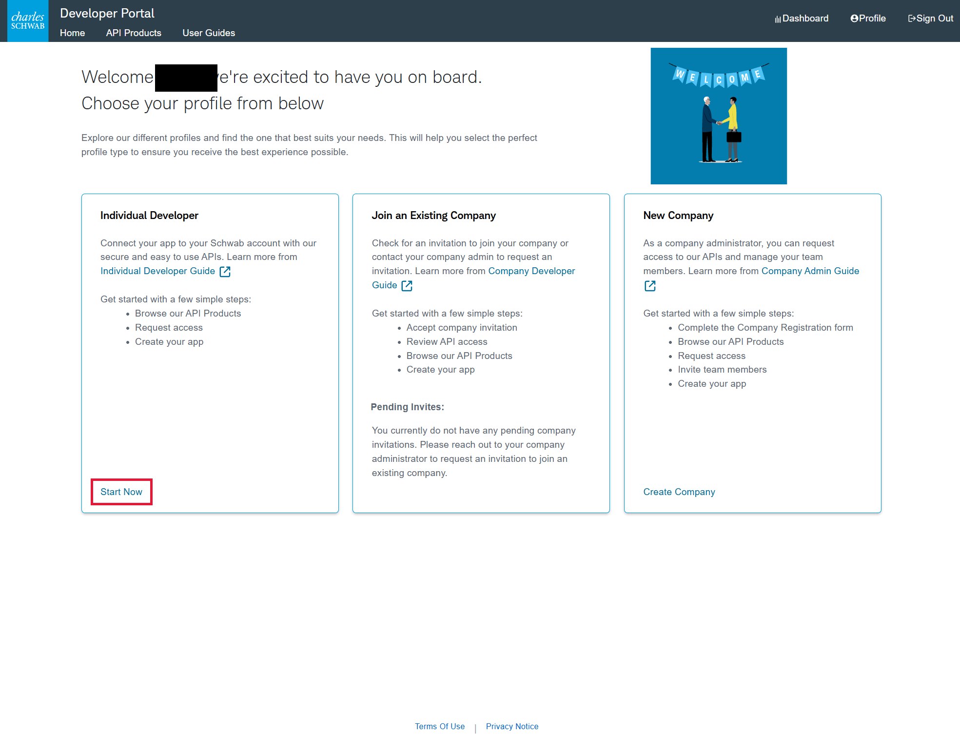 Schwab developer portal profile choice with Individual Developer's Start Now outlined in red