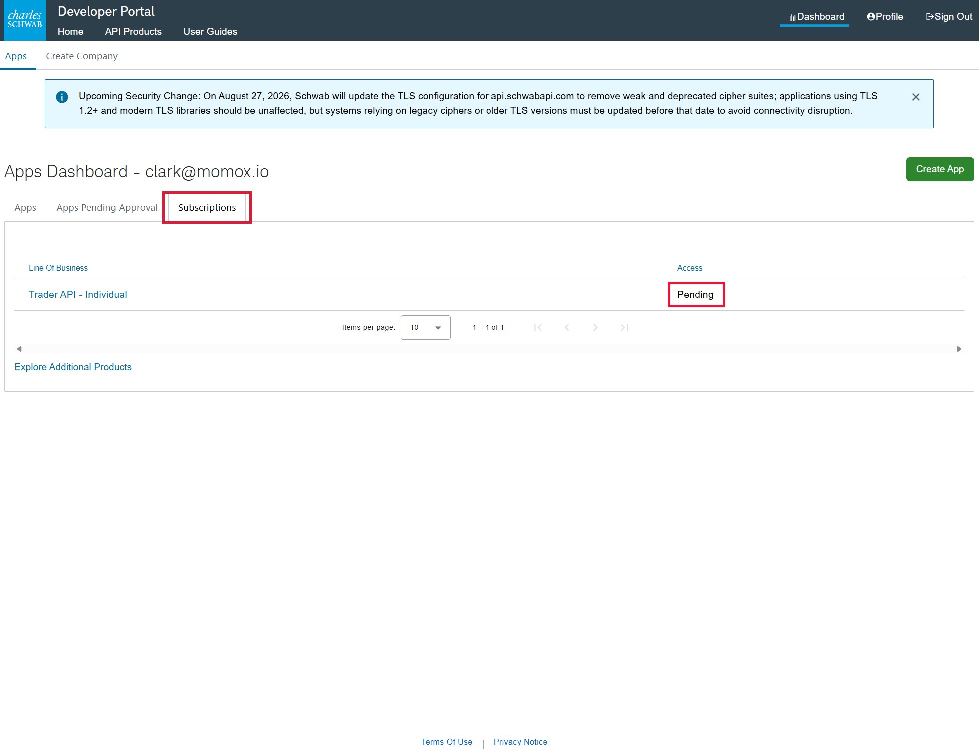 Apps Dashboard Subscriptions tab showing Trader API - Individual access Pending, outlined in red