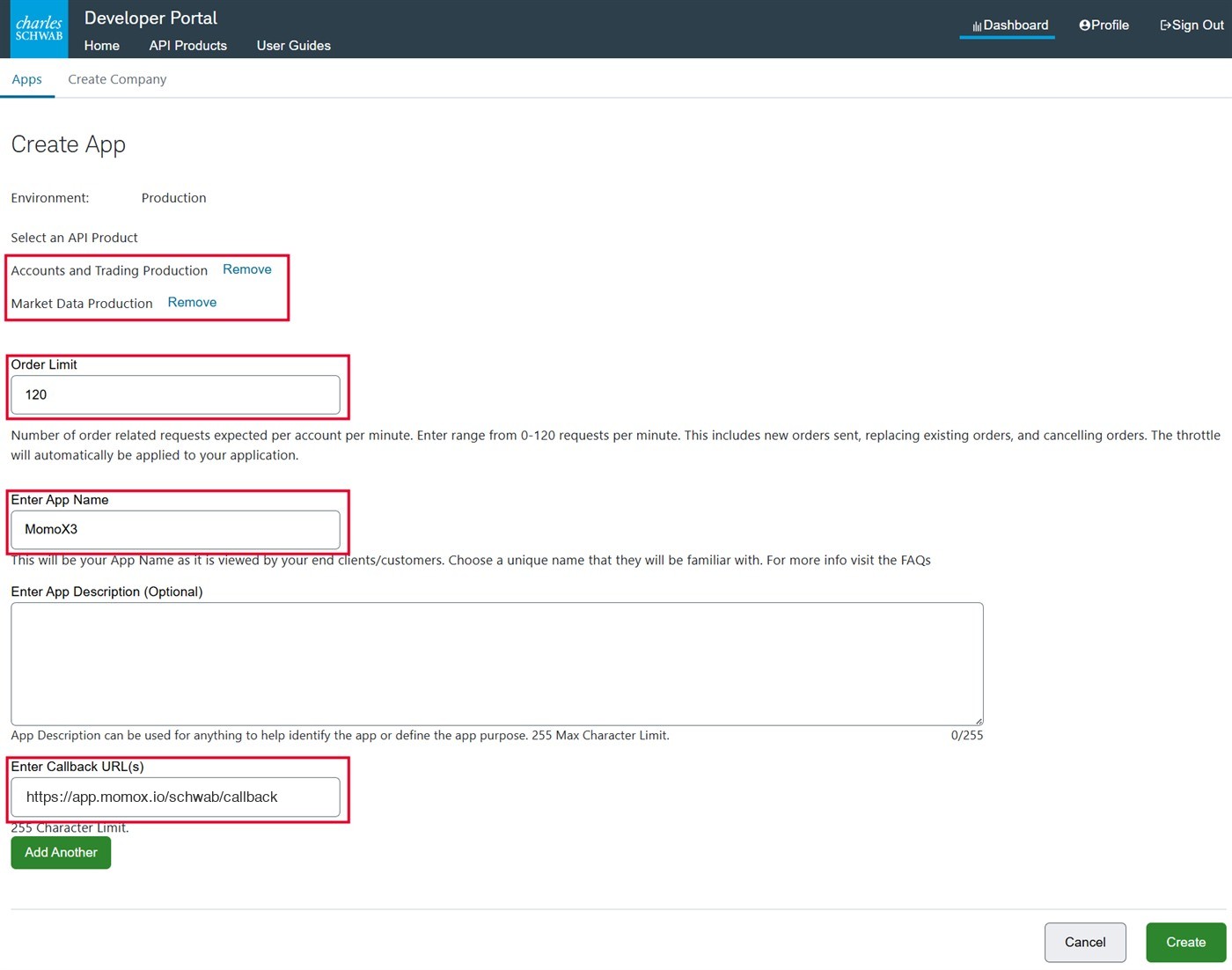 Schwab Create App form with the two API products, order limit, app name and callback URL outlined in red