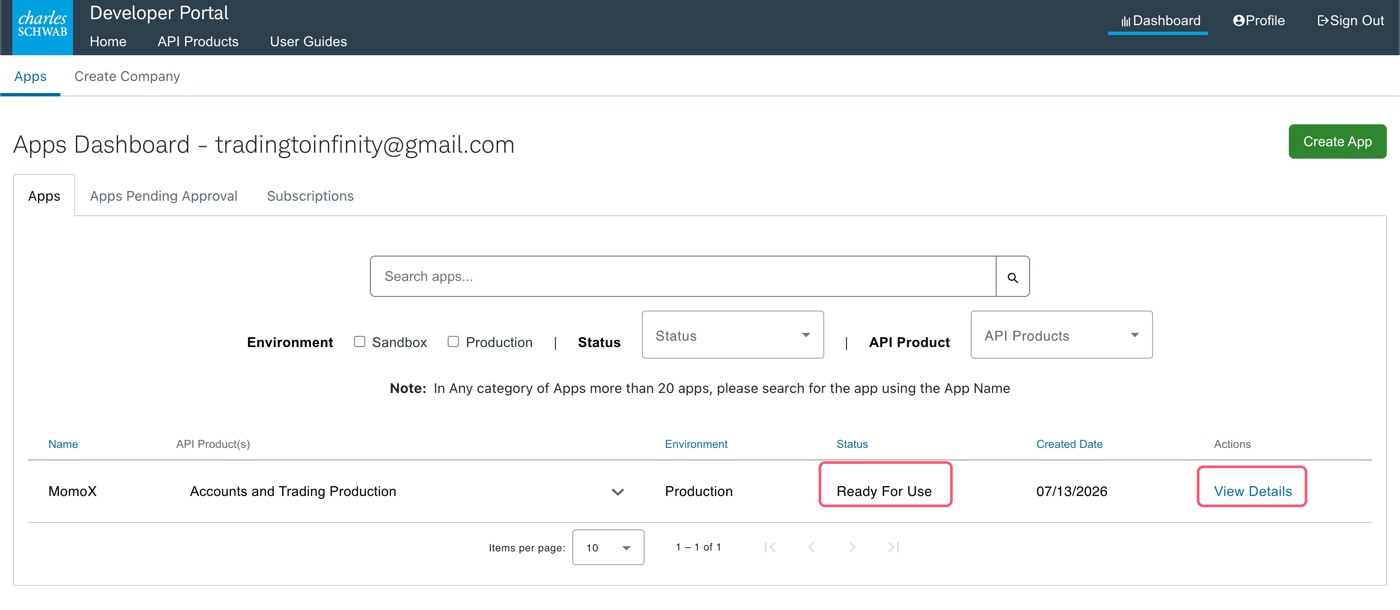 App details showing Ready For Use status, highlighted