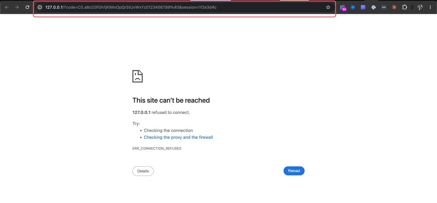 The expected dead 127.0.0.1 page with the address bar highlighted