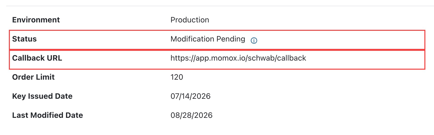 Schwab App Details showing Status Modification Pending and the app.momox.io callback URL, both outlined in red